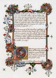 Textsida med upplyst initial bokstav, tidigt 1400-tal