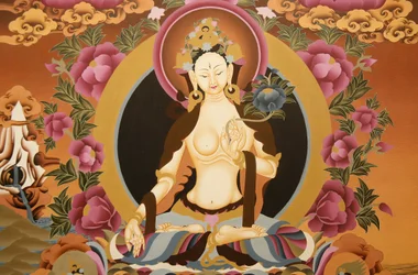 Thangka föreställande White Tara gudinna, buddhistisk symbol för långt liv, Bhaktapur, Nepal