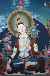 Thangka föreställande White Tara gudinna, buddhistisk symbol för långt liv, Bhaktapur, Nepal