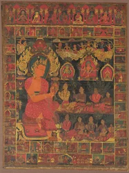Thangka med Buddha-predikan med juveler, 1648.