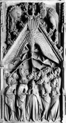 Altartavlan över Jungfruns liv. Lågrelief av Jaume Cascalls (? -1378) Vår Fru av Corneilla de Conflents kyrka från 1300-talet (Östra Pyrenéerna)
