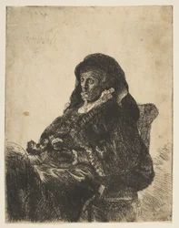 Konstnärens mamma sitter vid ett bord, tittar åt vänster: Tre fjärdedels längd, efter 1631.