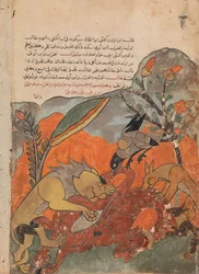 The Attack on the Camel by the Lion, Crow, Wolf, and Jackal, Folio from a Kalila..., 1700-tal.