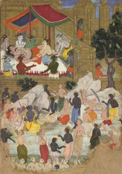The Awakening of Kumbhakarna in the Golden City of Lanka, Folio from a Ramayana, ca. 1605.