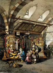 Basaren (souk) i Konstantinopel, färglitografi
