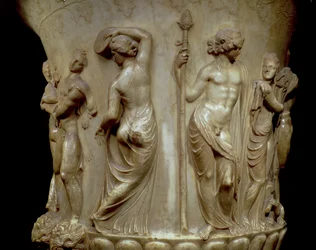 Borghese-kratern eller vasen, detalj av relief föreställande Dionysos och hans menader, grekiska, nyvindiga, sent 2:a århundradet f.Kr. (marmor)