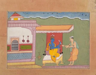 Brahminen levererar Rukminis brev till Krishna...från en spridd Bhagavata Purana..., ca. 1610.