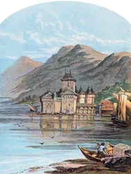 Chillon-slottet, Genèvesjön, Schweiz, 1864