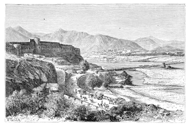 Citadellet av Attock och en bro av båtar över Indus, Pakistan, 1895