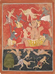 Demonen Kumbhakarna besegras av Rama och Lakshmana..., ca. 1670.