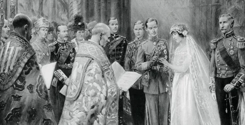 Hertigen av York placerar ringen på Lady Elizabeth Bowes-Lyons finger, 26 april 1923, 1937