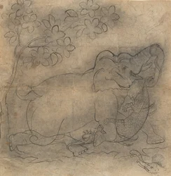Elefantkungen brottades med en krokodil: Illustration från en Gajendra Moksha-serie, sent 1800-tal.