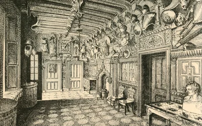 Entréhallen. -Längs väggen finns många kostymer av gammal rustning., 1882.