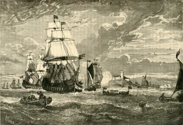 Ostindiska kompaniets första flotta lämnar Woolwich, 1601, 1890.