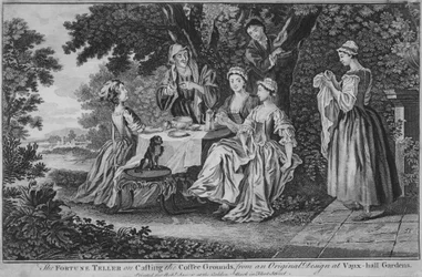 Spåmannen om att gjuta kaffesumpen, från en originaldesign i Vaux-hall ..., 1748-60.