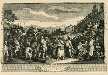 The Idle Apprentice avrättad i Tyburn. Efter Hogarths Print., 1747, c1876.