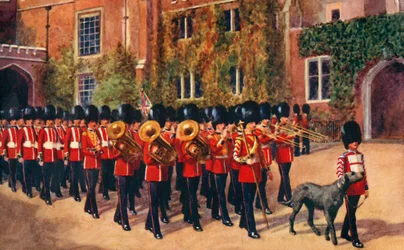 De irländska gardisterna lämnar St. James Palace efter vaktbyte, 1933.