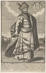 Kungen av Kambodja stående med en spira i sin högra hand, ca. 1670-1700.