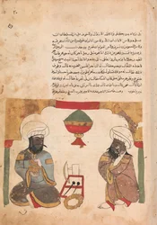 Köpmannen lyssnar på arbetaren som spelar cymbaler, Folio från en Kalila wa Dimna, 1700-talet.