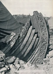 Osebergsskeppet i högen, visar ristningen på stam och räcke, 1935