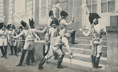 Det preussiska adelsgardet vässar sina svärd på trappan till den franska ambassaden i Berlin, 1896