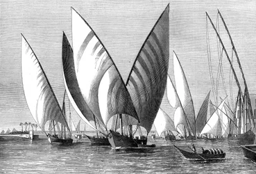 Floden vid Boulak Bridge, Kairo, med dahabeahs som passerar, 1874