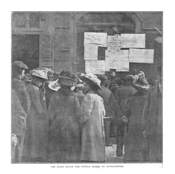 Scenen Round the Fateful Board i Southampton, 20 april 1912.