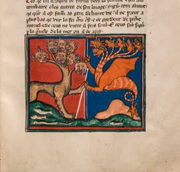 Havsdjuret och Jordodjuret. Miniatyr från: Apocalypse de saint Jean, ca 1320.