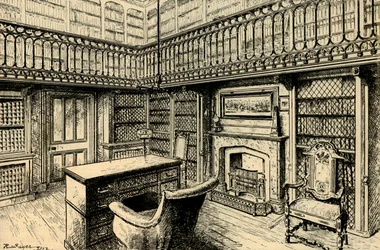 Studien i Abbotsford, visar Sir Walter Scotts skrivbord och stol, 1882.