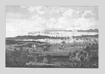 Staden och hamnen i Portsmouth med utsikt över hans Majestys flotta vid Spithead, 1700-talet.