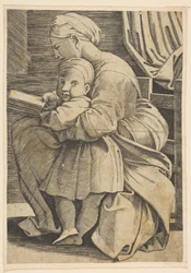 Jungfrun läser med spädbarnet Kristus, kvinna som sitter i profil vänd mot vänster och..., ca. 1515-1600.
