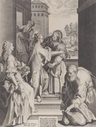 Visitationen, Jungfrun och Saint Elizabeth omfamnar i centrum, flankerad av andra f..., 1589.