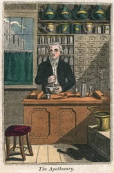Apotekaren använder mortelstöt för att förbereda droger, 1823