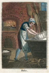 Bagaren knådar degen på locket till en mjölbehållare, 1823