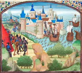 Infångandet av Konstantinopel till lands och till sjöss 1204. Miniatyr från Historia av Vilhelm av Tyrus, 1460-talet
