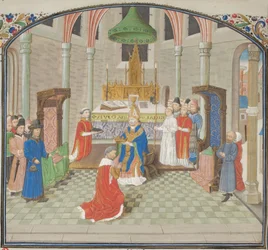 Kröningen av Balduin I på juldagen 1100. Miniatyr ur Historia av Vilhelm av Tyrus, 1460-talet