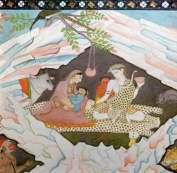 Den heliga familjen sitter i en grotta på berget Kailasa