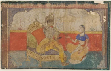 Älskaren Krsna i samtal med budbäraren från den älskade, från en Rasikapriya, ca. 1617.