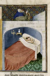 Munken sover med hustrun medan mannen ber, 1460-talet.