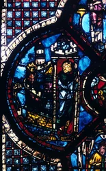 Pilgrimen lämnar Jerusalem för Jeriko, målat glas, Chartres katedral, Frankrike, 1205-1215
