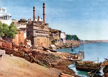 Floden Ganges och de brinnande Ghats vid Benares Varanasi, Indien, tidigt 1900-tal