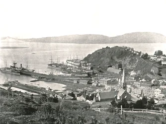 Staden och hamnen, Port Chalmers, Nya Zeeland, 1895.