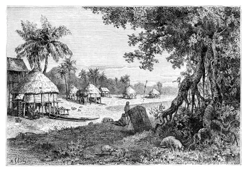 Byn Sawi, Car-Nicobar, Nicobaröarna, Indien, 1895