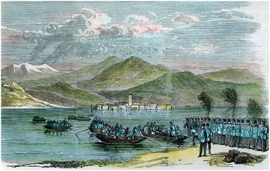 Kriget, österrikare som korsar Lago Maggiore, Italien, c1875