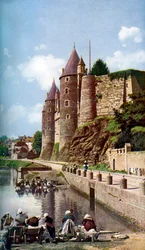 Kvinnorna i Josselin tvättar sin tvätt, Bretagne, Frankrike, c1924