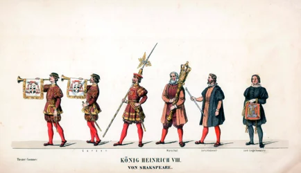 Teaterkostymdesign för Shakespeares pjäs Henry VIII, 1800-talet