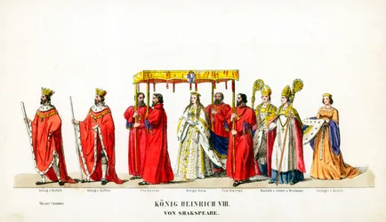 Teaterkostymdesign för Shakespeares pjäs Henry VIII, 1800-talet