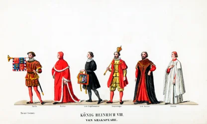 Teaterkostymdesign för Shakespeares pjäs Henry VIII, 1800-talet