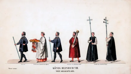 Teaterkostymdesign för Shakespeares pjäs Henry VIII, 1800-talet