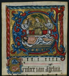 Tre sticklingar från ett missal: Initial E med gravläggningens änglar, ca. 1470-1500.
